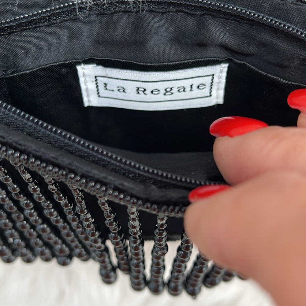 LA REGALE  Vintage Satin Pouch w/ Droplet Beaded Evening Crossbody Purse, Black - Picture 7 of 15